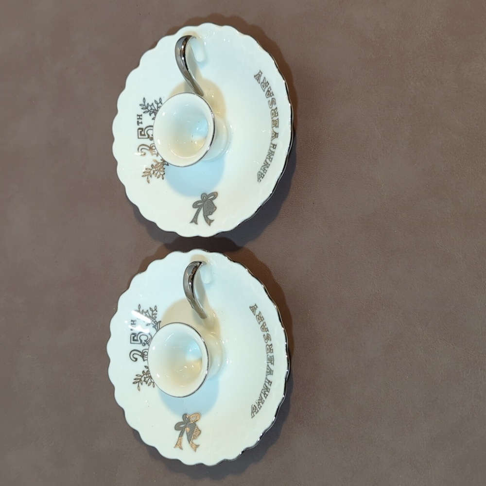2 Lefton China 6940 25th Anniversary Fingertip Candle Holder Set Silver